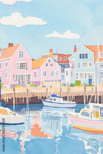 Gouache Illustration of Portland Maine on a Sunny Morning, Vintage Vogue Style Generative AI