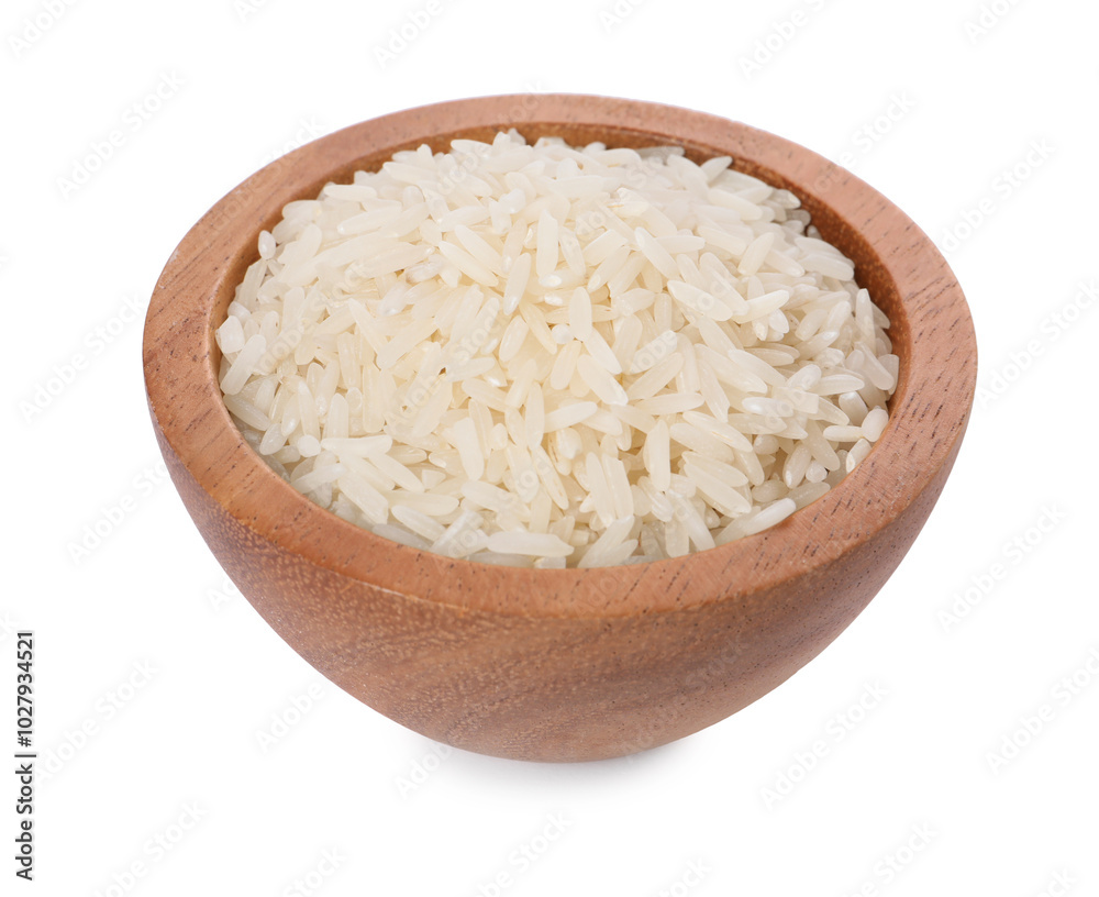 Raw rice in bowl isolated on white Raw rice in bowl isolated on white