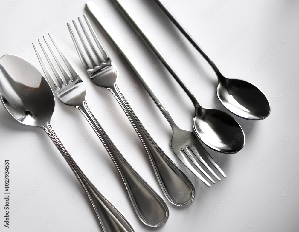 Stainless steel forks and spoons lying down, isolated on a white background Stainless steel forks and spoons lying down, isolated on a white background