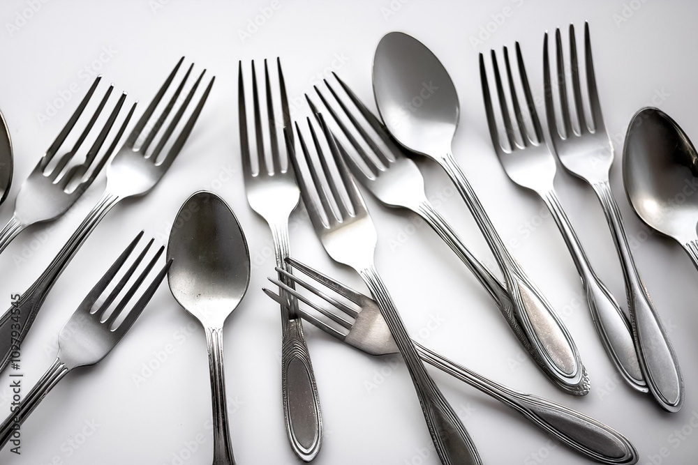Stainless steel forks and spoons lying down, isolated on a white background Stainless steel forks and spoons lying down, isolated on a white background