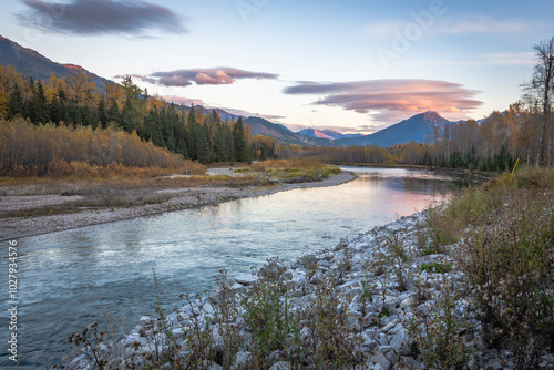 Sunset view of Elk River and mountains range in Fernie area, British Columbia, Canada