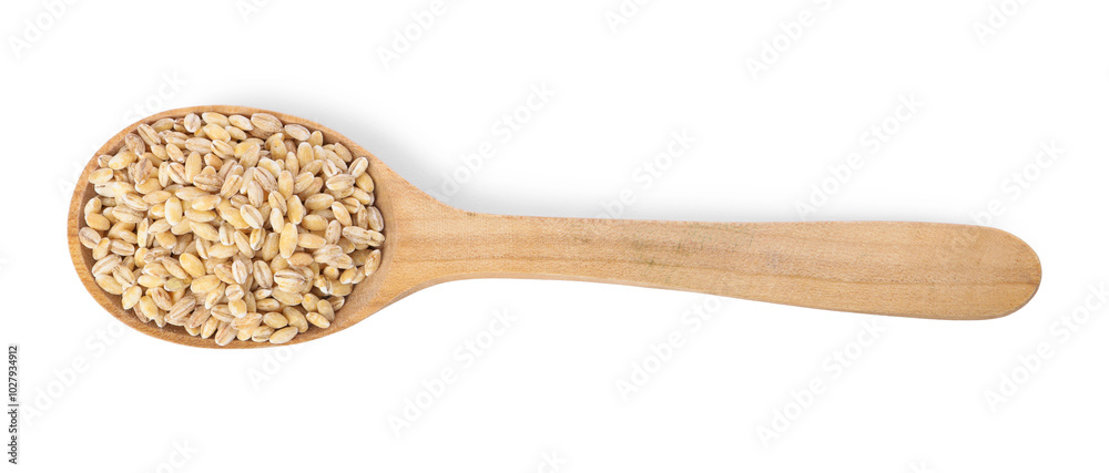 Spoon with pearl barley groats isolated on white, top view Spoon with pearl barley groats isolated on white, top view