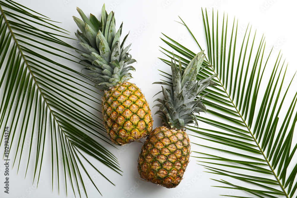 Fototapeta premium Fresh ripe pineapples and palm leaves on white background, flat lay
