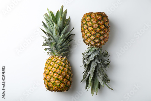 Fresh ripe pineapples on white background, top view