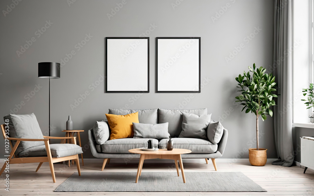 Fototapeta premium Modern Scandinavian living room with sofa