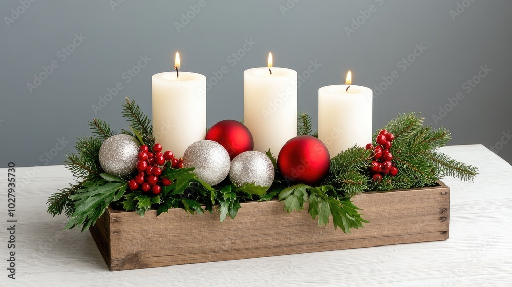A beautifully arranged Christmas centerpiece sits on a vintage dresser, showcasing candles surrounded by lush greenery and vibrant red ornaments, perfect for holiday celebrations. A beautifully arranged Christmas centerpiece sits on a vintage dresser, showcasing candles surrounded by lush greenery and vibrant red ornaments, perfect for holiday celebrations.