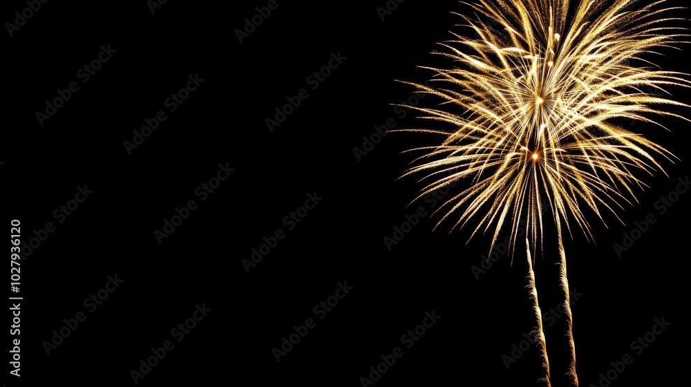 Elegant Golden Fireworks Display on Black Background for New Year's Eve Celebrations, Capturing Dynamic Energy and Festive Charm. Elegant Golden Fireworks Display on Black Background for New Year's Eve Celebrations, Capturing Dynamic Energy and Festive Charm.