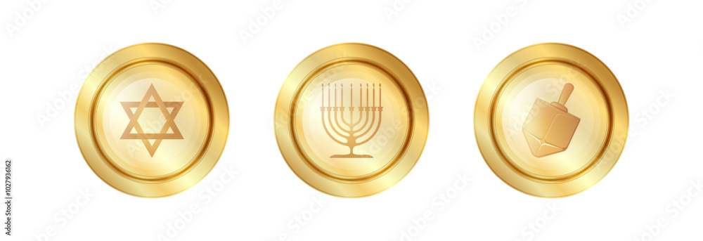 Star of David, menorah and dreidel on a gold medallion, souvenir or symbol. Hanukkah holiday. Star of David, menorah and dreidel on a gold medallion, souvenir or symbol. Hanukkah holiday.