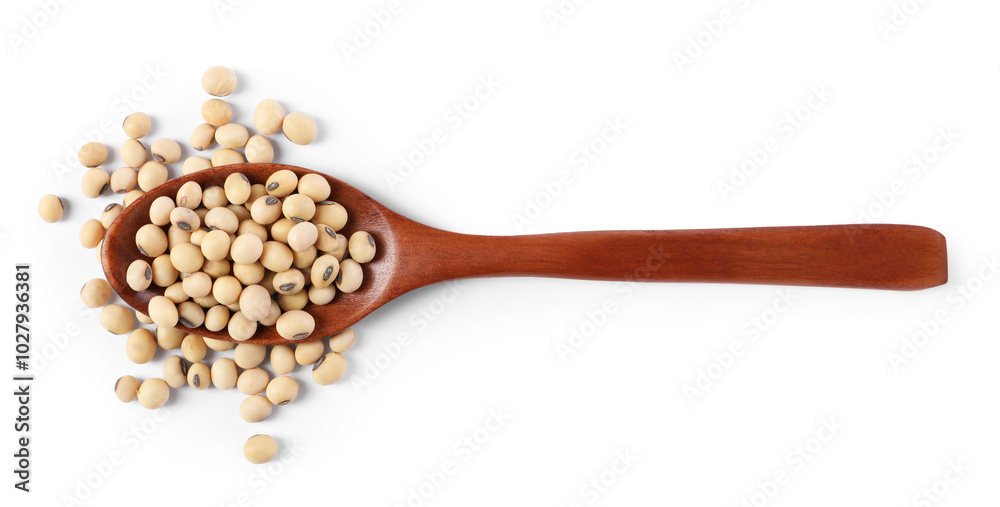 Spoon with soy beans isolated on white, top view Spoon with soy beans isolated on white, top view