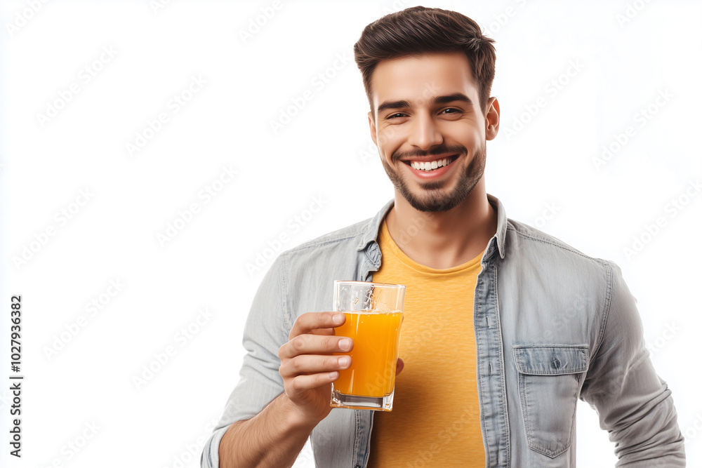 Young handsome man over isolated white background holding an orange juice Young handsome man over isolated white background holding an orange juice