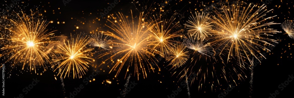 Naklejka premium Elegant Golden Fireworks Display on Black Background for New Year's Eve Celebrations, Capturing Dynamic Energy and Festive Charm.