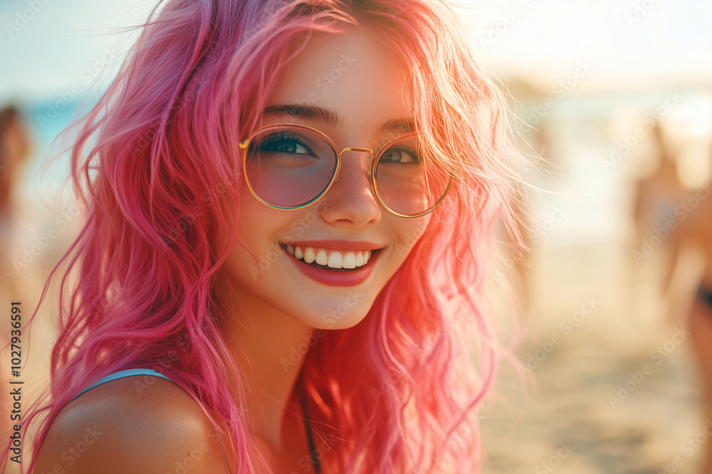 Young Pretty pink-haired girl at outdoors with sunglasses Young Pretty pink-haired girl at outdoors with sunglasses