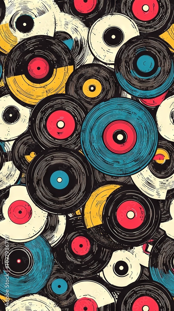 Fototapeta premium Circles in multiple colors on a black-and-white background with shades of red, yellow, blue, and black