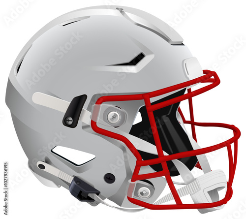 Realistic gray 3D helmet for American Football with red mask and chin strap