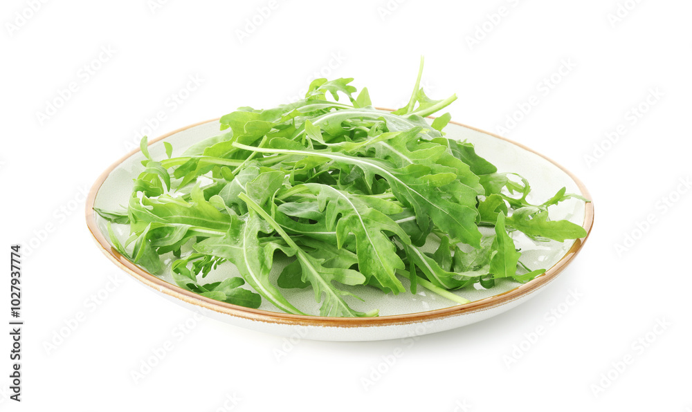 Plate with fresh arugula leaves isolated on white Plate with fresh arugula leaves isolated on white