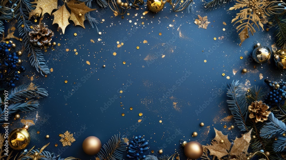 Fototapeta premium Blue background with golden Christmas decorations