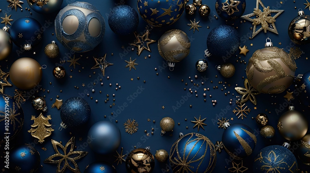 Christmas background with blue and gold decorations Christmas background with blue and gold decorations