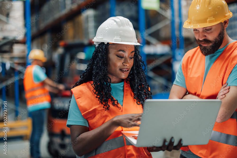 Warehouse workers using laptop checking inventory in logistics center