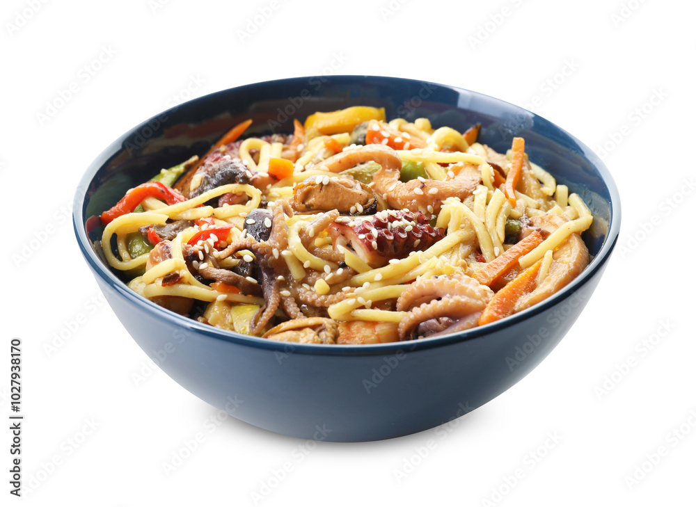 Stir-fry noodles with sea food and vegetables in bowl isolated on white Stir-fry noodles with sea food and vegetables in bowl isolated on white