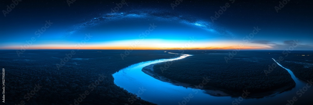 Fototapeta premium The landscape features a meandering river reflecting twilight colors, with dense vegetation and a starry sky illuminating the scene