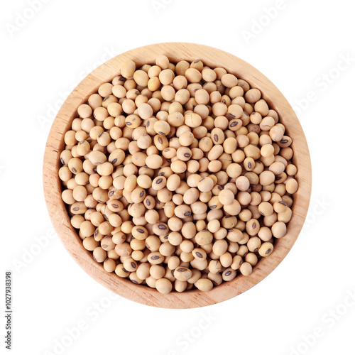 Soy beans in bowl isolated on white, top view