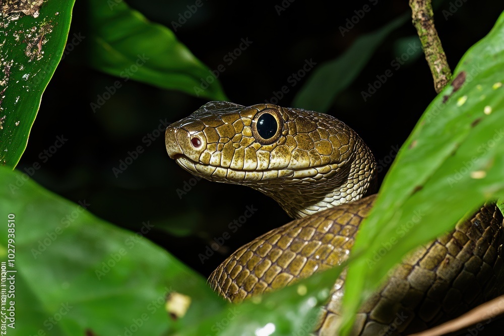 Close-up of a snake surrounded by green leaves in a jungle environment.