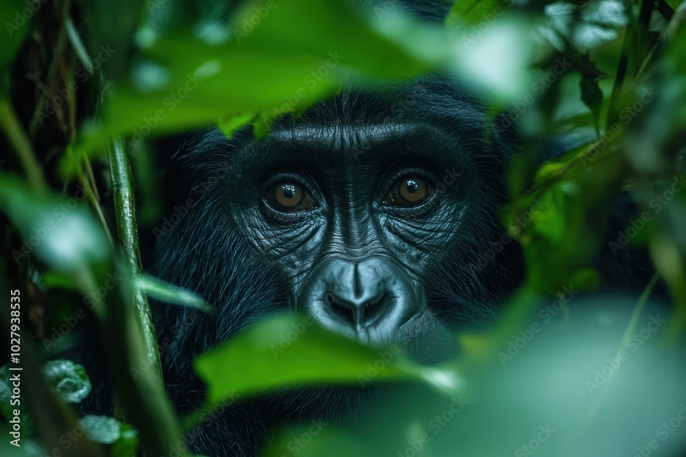 A gorilla peeking through dense jungle leaves, blending with its environment. A gorilla peeking through dense jungle leaves, blending with its environment.