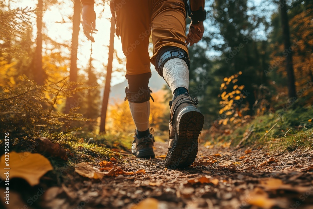 A close-up view of a person walking on a forest trail with a prosthetic leg. A close-up view of a person walking on a forest trail with a prosthetic leg.
