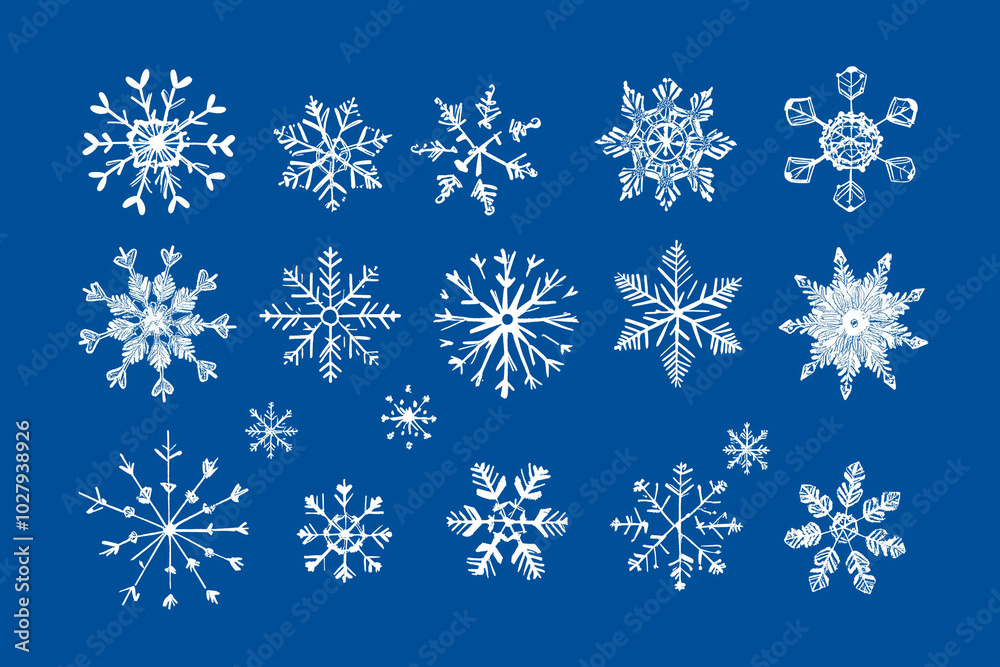 snowflakes, clean geometric shapes, bold white lines on a blue background, various sizes and patterns of snowflakes, flat colors snowflakes, clean geometric shapes, bold white lines on a blue background, various sizes and patterns of snowflakes, flat colors