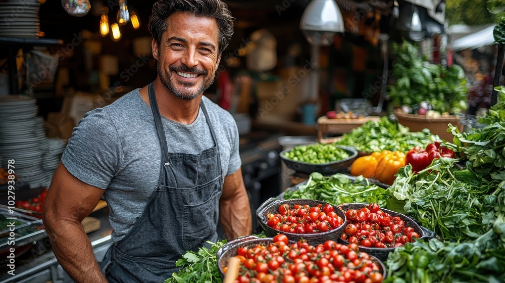 Smiling vendor proudly displays fresh produce at a bustling farmers market in the afternoon sunlight Smiling vendor proudly displays fresh produce at a bustling farmers market in the afternoon sunlight