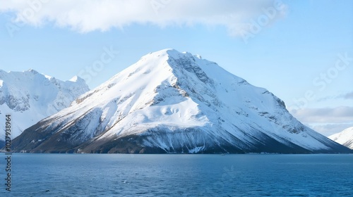 Snowy Mountain Surrounded by Water, Great for Winter and Travel Designs