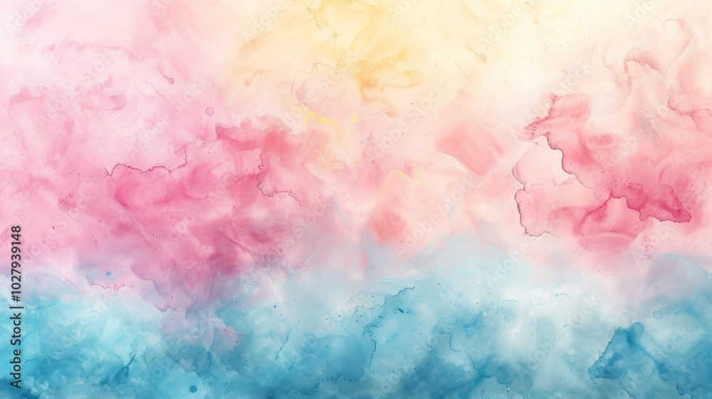 Fototapeta premium Soft pastel watercolor background, gentle blend of pink, blue, and yellow, ideal for spring-themed designs