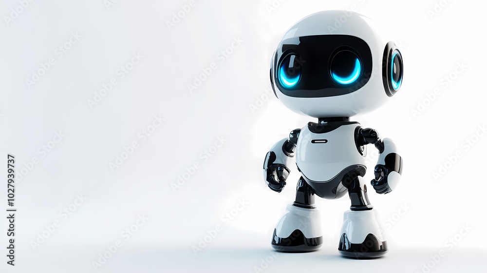 3D rendering of a cute robot character, isolated on a white background. The robot has blue light eyes and a black and white color scheme, with a cute cartoon design.ai 3D rendering of a cute robot character, isolated on a white background. The robot has blue light eyes and a black and white color scheme, with a cute cartoon design.ai