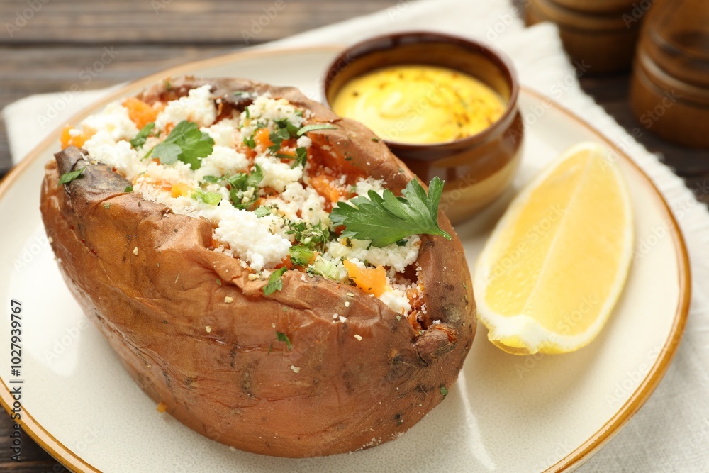 Tasty baked sweet potato with feta cheese, parsley, sauce and lemon slice on table, closeup Tasty baked sweet potato with feta cheese, parsley, sauce and lemon slice on table, closeup