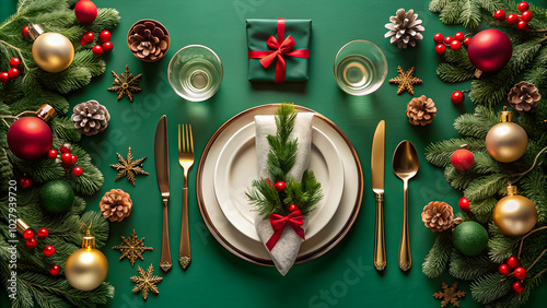 Christmas table setting with red and gold decorations on green background.