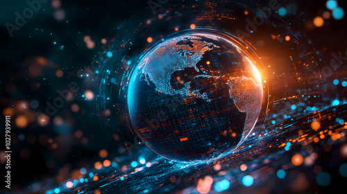 3D rendering of the Earth hologram on a digital background with bokeh lights, data transfer, and global network concepts for business technology. Generative AI .