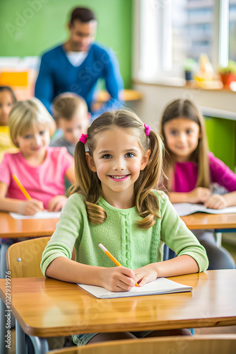 Elementary school student studying with concentration and a smile.