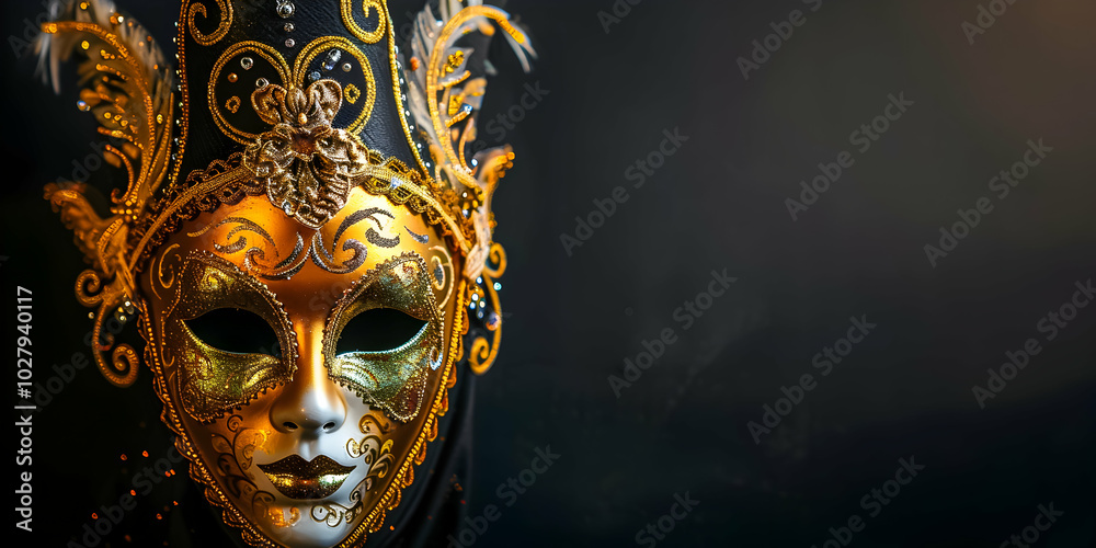 Luxurious golden mask adorned with intricate designs and ribbons. Luxurious golden mask adorned with intricate designs and ribbons.