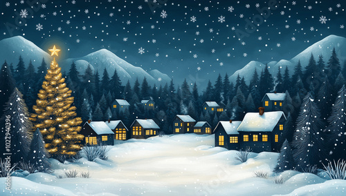 Dans une illustration festive de Noël, un charmant village enneigé brille sous un ciel étoilé, avec des maisons décorées, un bonhomme de neige souriant et le Père Noël.