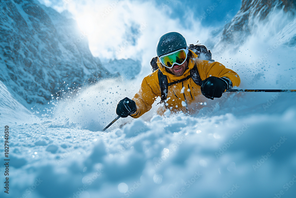 Un skieur hors piste réalise un saut audacieux sur une pente enneigée, tandis qu'un snowboarder s'élance à toute vitesse, tous deux profitant de l'excitation des sports extrêmes en pleine nature penda Un skieur hors piste réalise un saut audacieux sur une pente enneigée, tandis qu'un snowboarder s'élance à toute vitesse, tous deux profitant de l'excitation des sports extrêmes en pleine nature penda