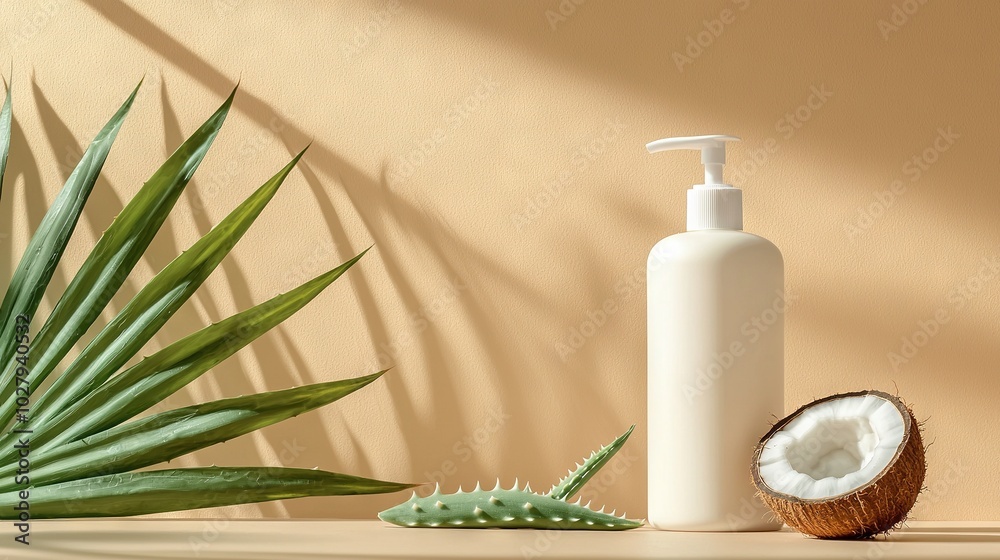   A green plant with a bottle of lotion next to it and a white bottle on a wooden table
