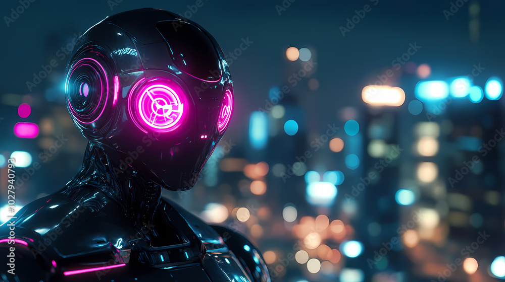  A futuristic robot with glowing pink eyes stands against the backdrop of a night city, creating an atmosphere of mystery and advanced technology.  Generative AI .