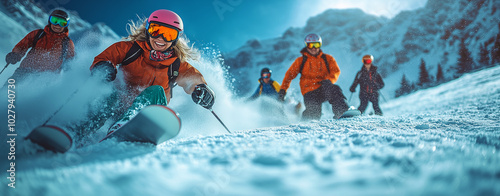 Lors d'une sortie de ski hors piste, une famille s'amuse dans la poudreuse, avec des enfants jouant et des snowboarders s'élançant sur les pentes, incarnant le bonheur et l'esprit actif de l'hiver dan