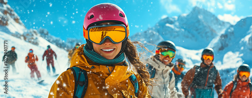 Une skieuse souriante portant un casque dévale une pente enneigée avec son partenaire, tous deux profitant de l'hiver actif, entourés de leur famille.