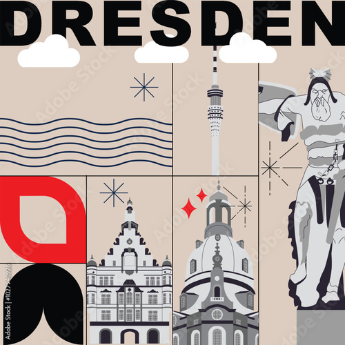 Photography Dresden culture travel set, video split screen, famous architecture in flat design