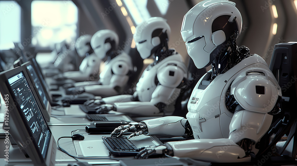 Fototapeta premium 4 robots standing in front of the control panel inside an open space station, with a white and orange color theme, in a futuristic style, photorealistic, hyperrealistic, cinematic, like a movie scene,