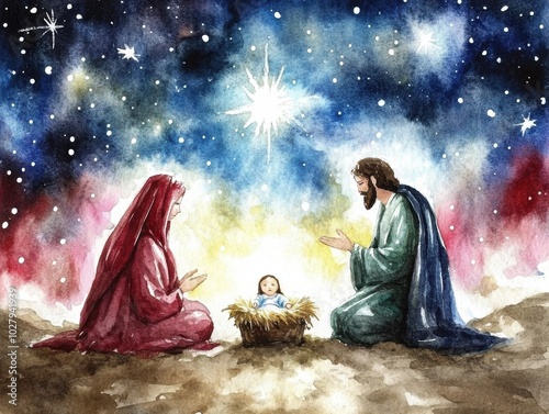 watercolor picture of full nativity scene including Mary, Joseph and baby Jesus