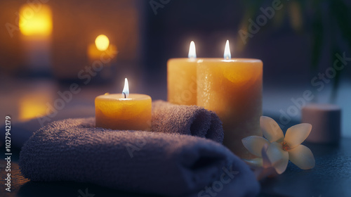 Two candles are lit and placed on a towel