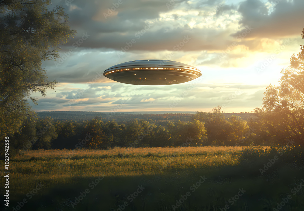 A flying saucer soars through the sky, emitting a glowing light. The background features a dark green and blue gradient, with white and yellow clouds below the flying saucer. Generative AI . A flying saucer soars through the sky, emitting a glowing light. The background features a dark green and blue gradient, with white and yellow clouds below the flying saucer. Generative AI .