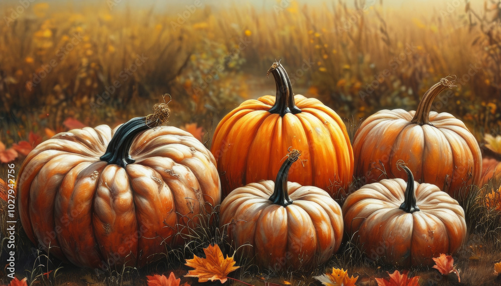 Kürbisse liegen auf einem Boden, umgeben von fallenden orangefarbenen Herbstblättern vor einem unscharfen Hintergrund in Braun- und Beigetönen. Platz für Text. Generative KI Kürbisse liegen auf einem Boden, umgeben von fallenden orangefarbenen Herbstblättern vor einem unscharfen Hintergrund in Braun- und Beigetönen. Platz für Text. Generative KI